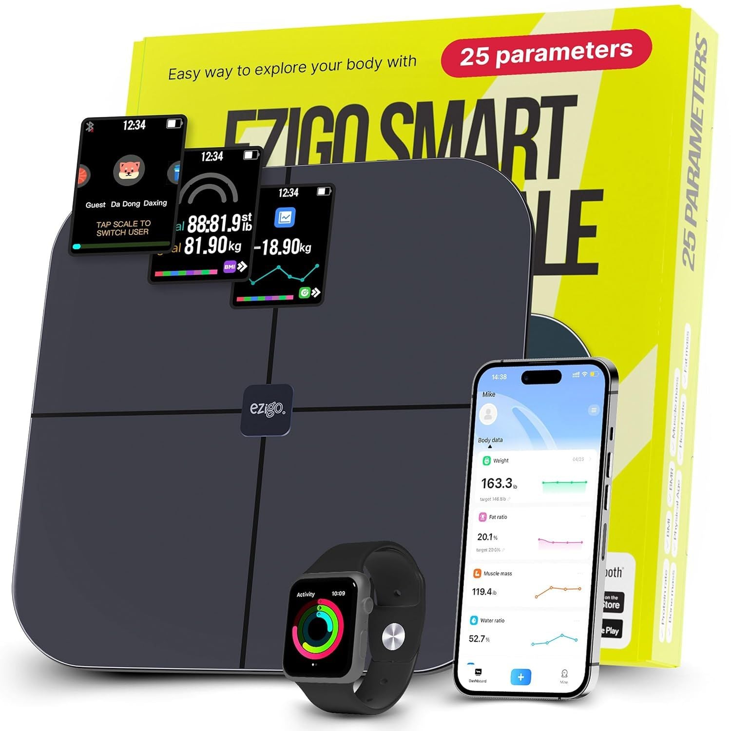 25 Metrics EziGo White Digital Bathroom Smart Scale with BMI, Body Fat, Muscle Mass, Bluetooth, Apple Health Compatible Scales, Digital Weight Composition Scale & Body Fat Mass, Up to 400lb/180 kg - JM Variety Store